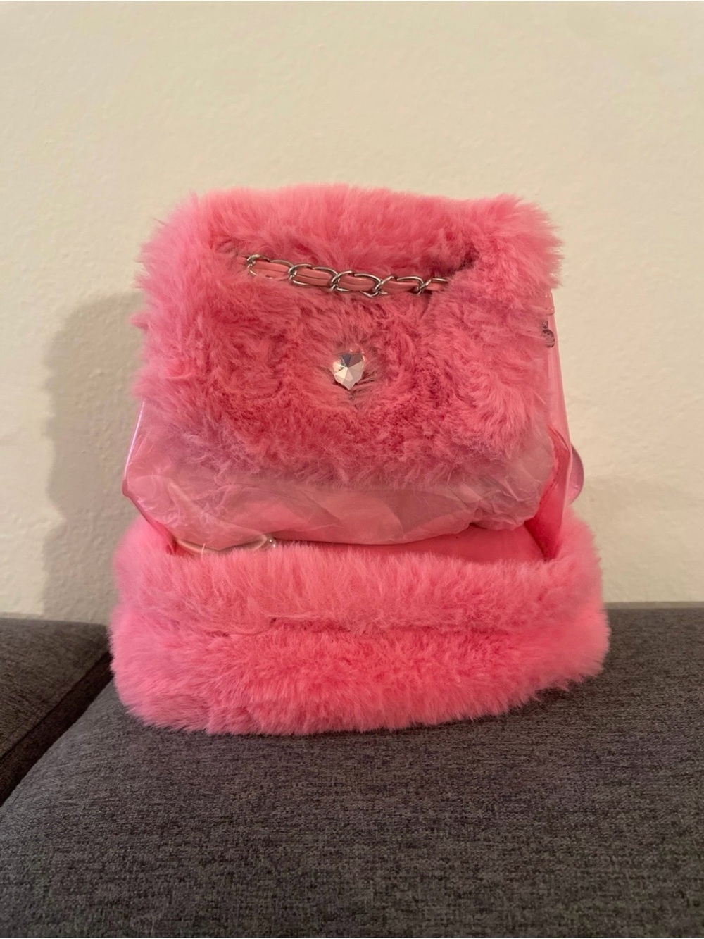 Sugar Thrillz Pink Fuzzy Backpack with Heart Accent